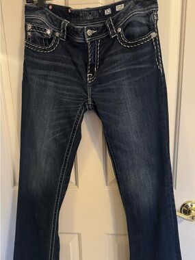 Miss Me Dark Wash Boot Cut Blue Jeans with Contrast Stitching - Size 32